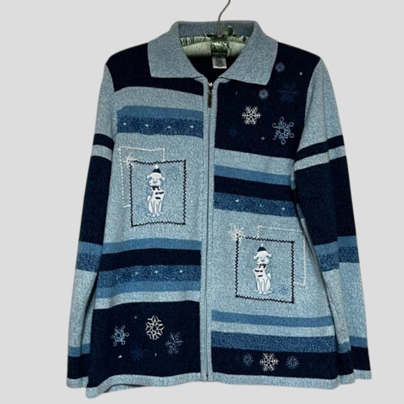 Vintage Carroll Reed Multi Shade Blues Zip Up Embroidered Knit Cardigan Sweater - Picture 3 of 10